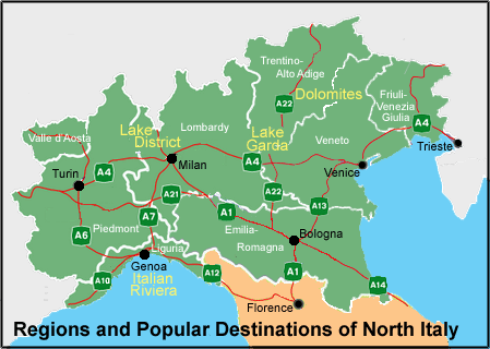 Regions and Popular Destinations of Northern Italy Map